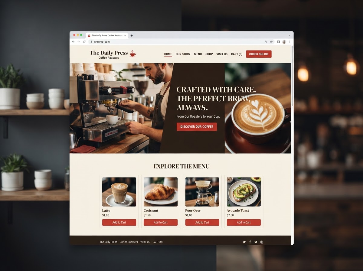 Café website concept — coffee hero, menu, order button, red accents