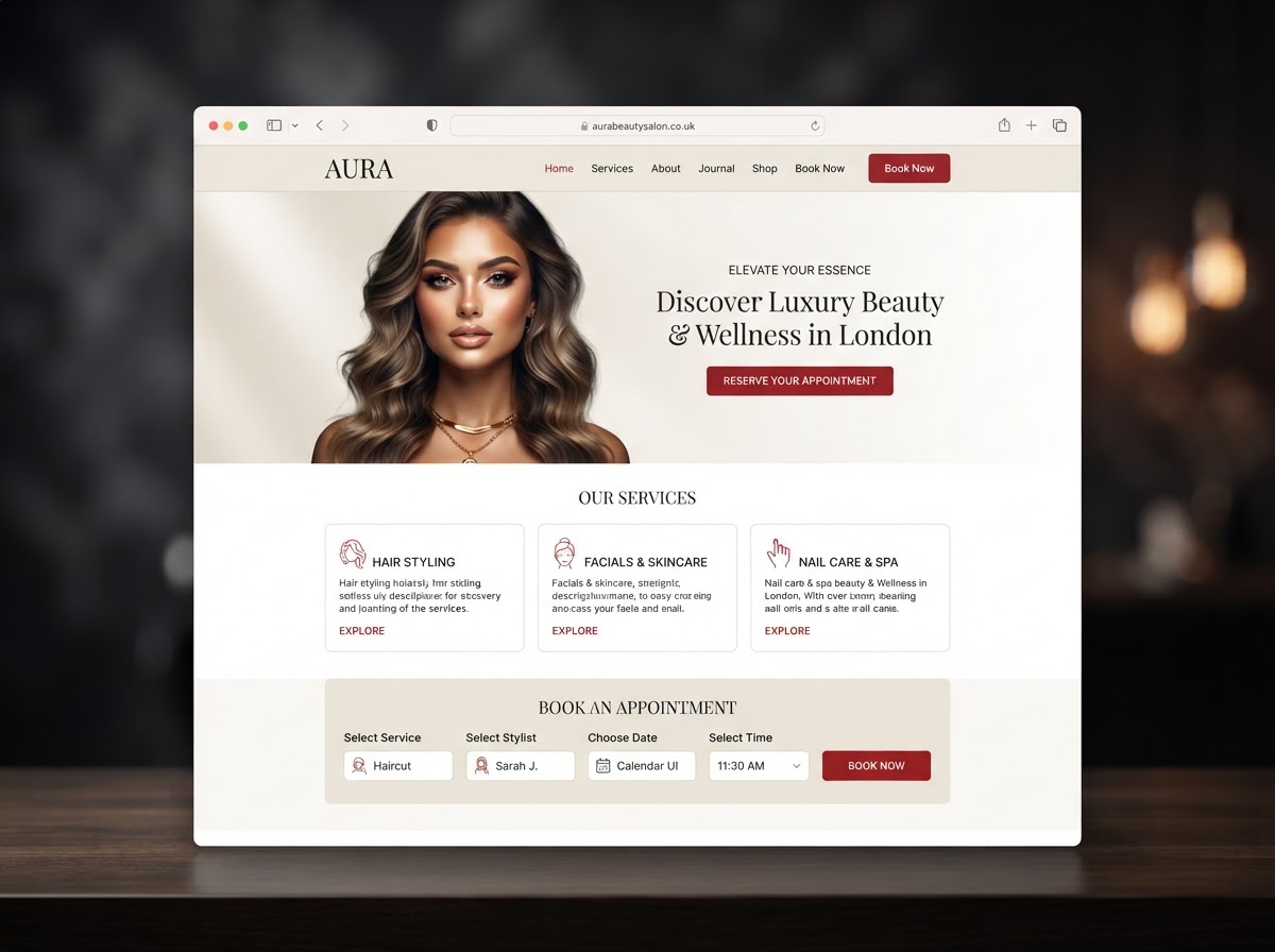 Salon and beauty website concept — booking interface, portrait, red accents