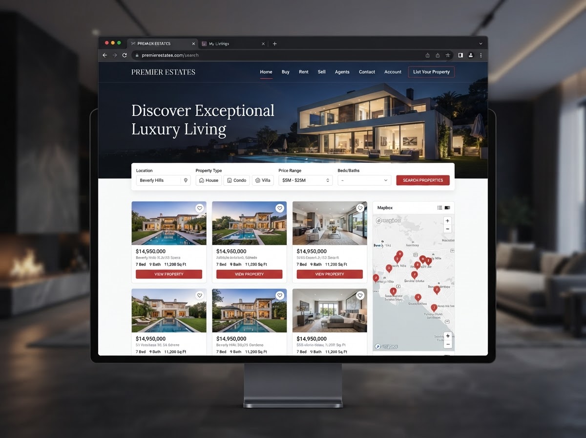Real estate website concept — property grid, filters, map, red call to action