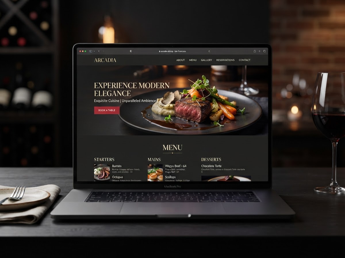 Restaurant website concept — menu, hero dish photo, red call to action