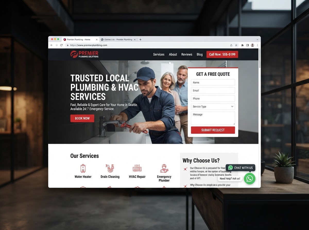 Local service business website concept — contact form, WhatsApp button, red accents