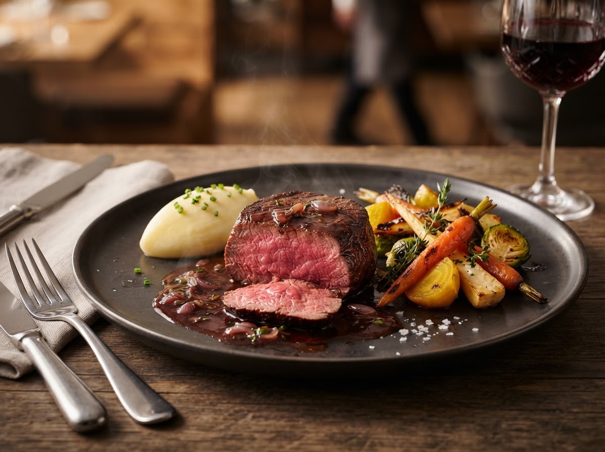 Filet mignon et jus au vin rouge