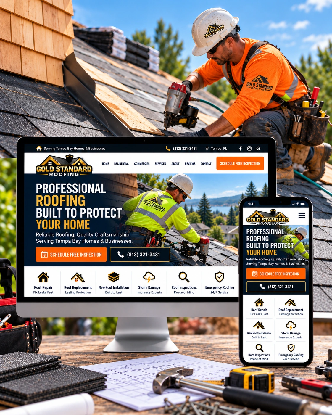 Gold Standard Roofing website displayed on desktop monitor and mobile smartphone on jobsite