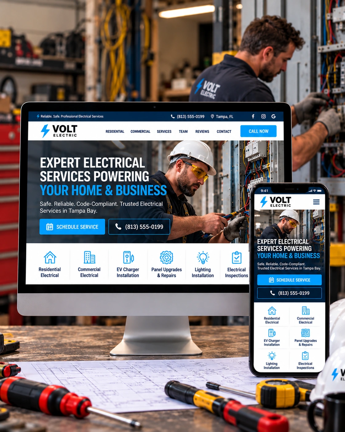 VOLT Electric responsive electrical contractor website concept shown on desktop and mobile