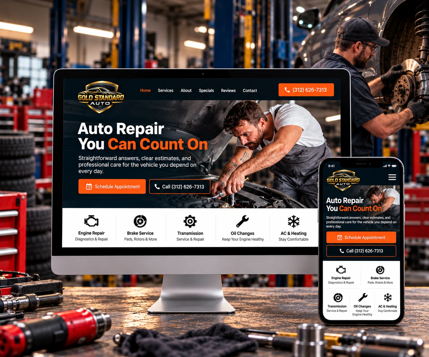 Gold Standard Auto automotive service website demo shown on desktop and mobile