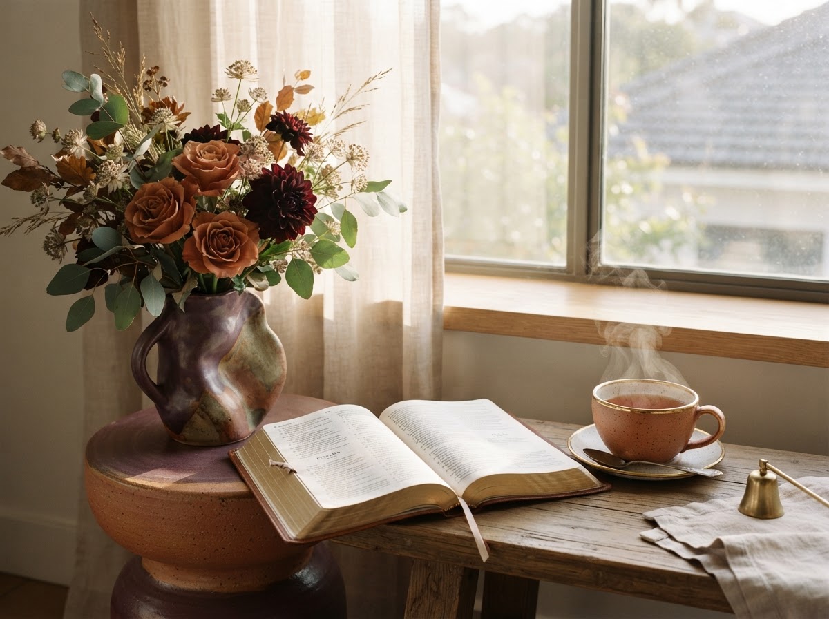 A serene morning still life — an open Bible, a steaming tea cup, and fresh flowers beside a sunlit window, in warm aubergine, antique gold, and terracotta tones.