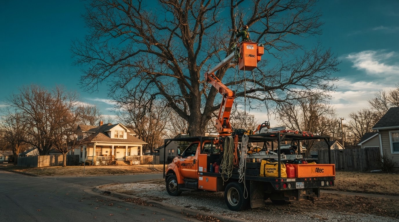 Reliable Tree Service bucket truck beside a tall bare tree in a Kansas neighborhood