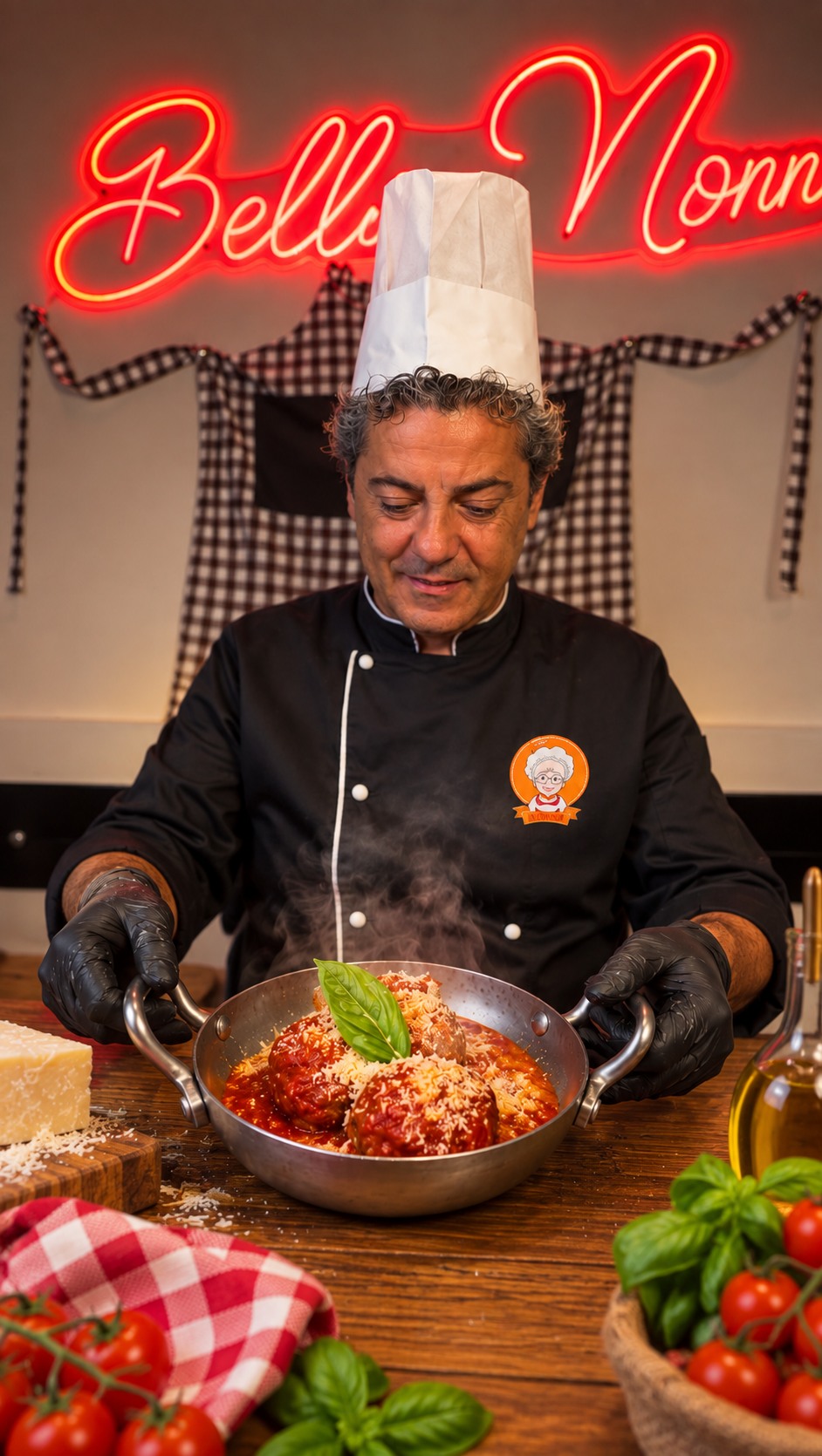Lo chef di Nonna Sisina con gli ingredienti semplici e genuini della tradizione e il padellino di polpette al sugo