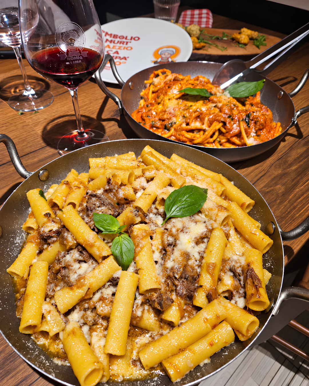 Padellino di ferro pieno di pasta ricca di condimento e sugo da Nonna Sisina