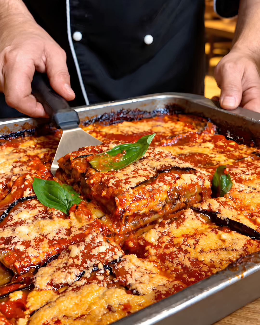La nostra parmigiana di melanzane servita calda dalla teglia da Nonna Sisina