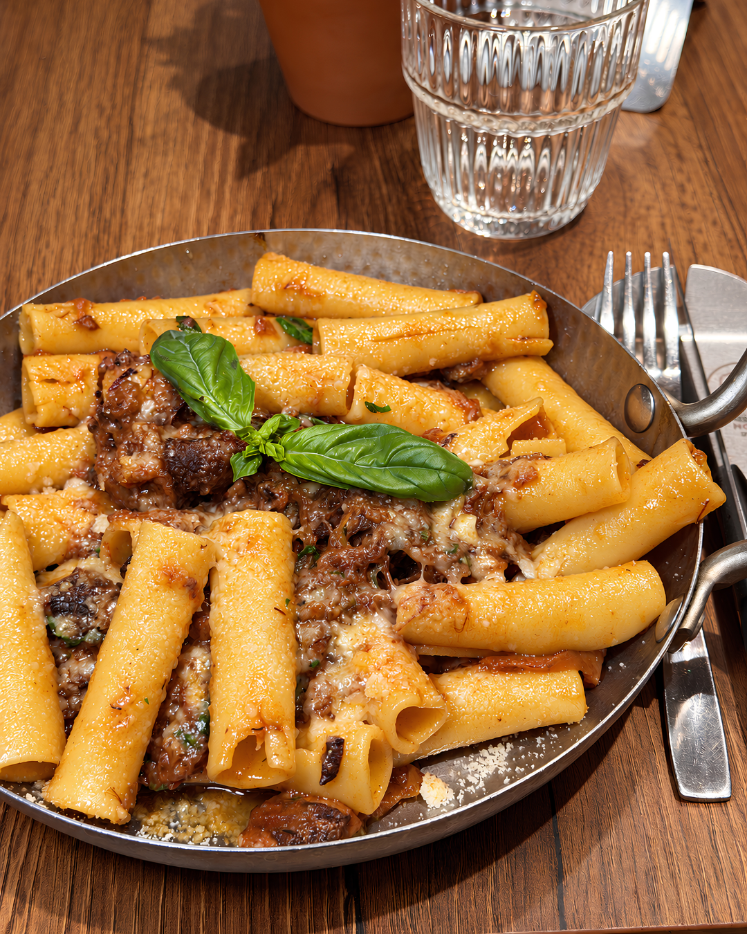 Ziti alla genovese nel padellino di ferro con sugo alla genovese e basilico da Nonna Sisina