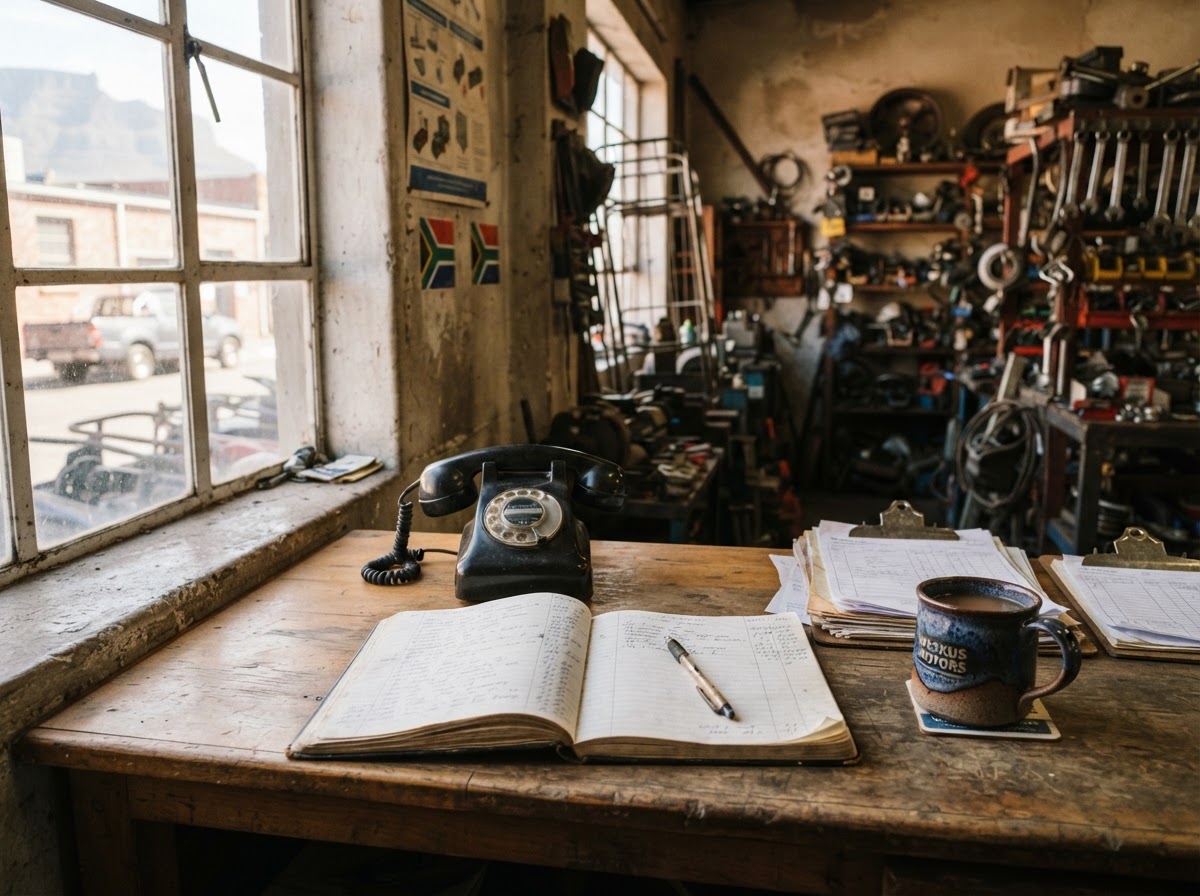 A small workshop service counter with a landline phone, a quote book and a mug