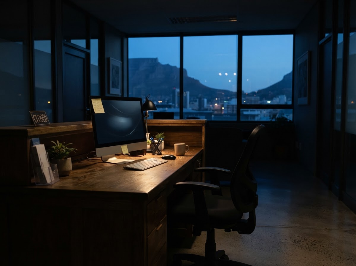 An empty small-business reception desk at closing time with a monitor glowing and a sticky note on the screen