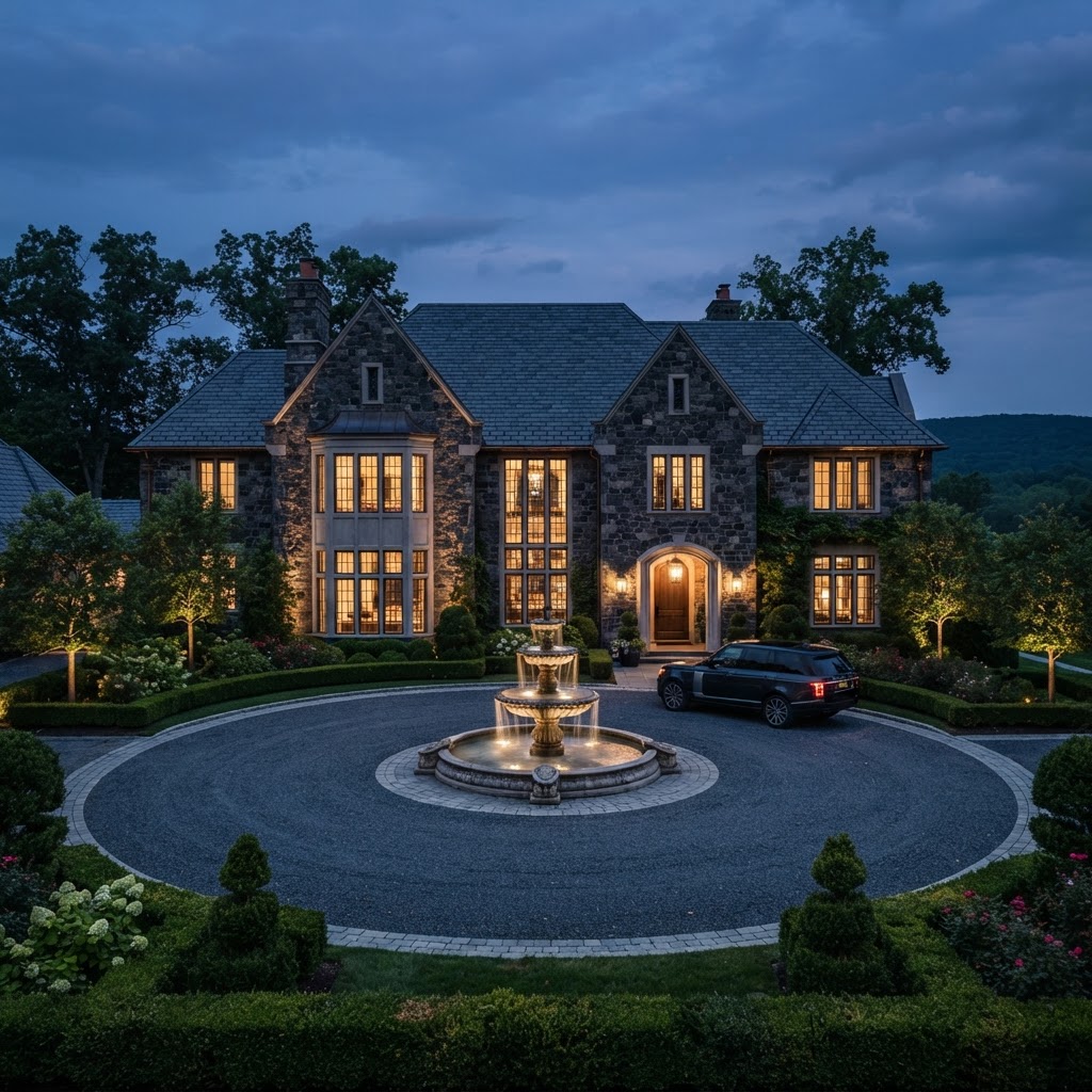 Exterior of a high-end luxury stone manor estate with slate roof in the Hudson Valley