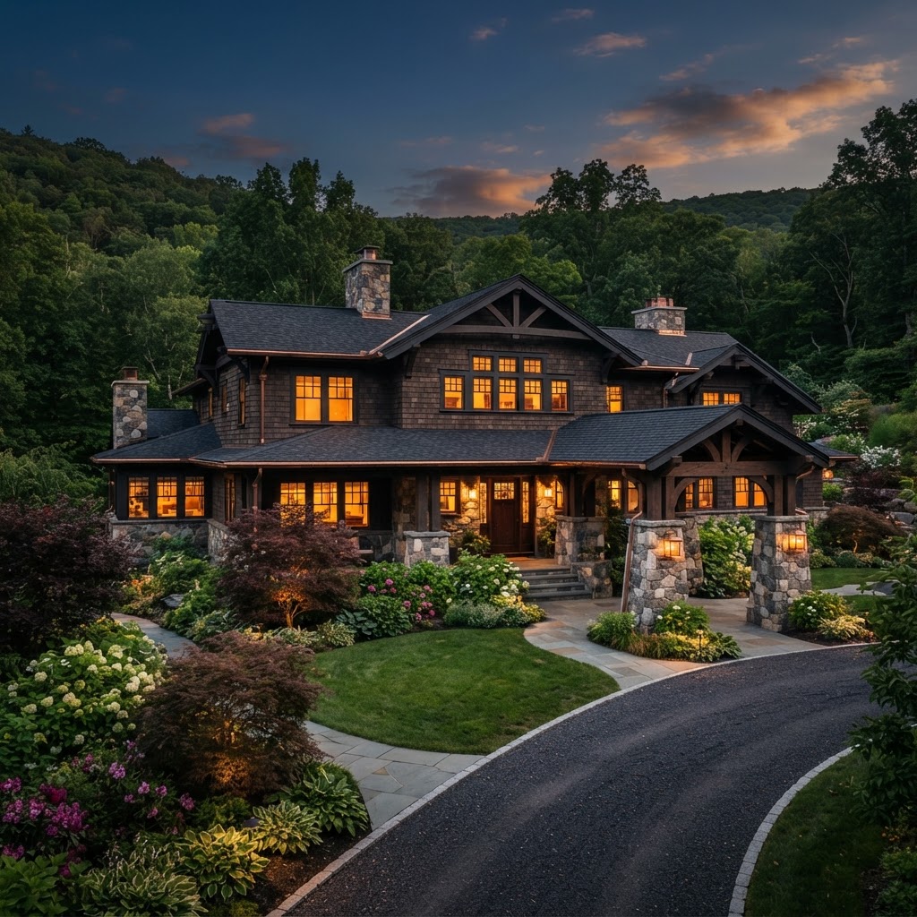 Exterior of a high-end luxury craftsman estate with stone accents in the Hudson Valley
