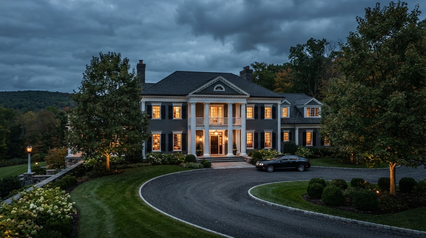 Representative high-end luxury colonial revival estate in the Hudson Valley near LaGrangeville at dusk