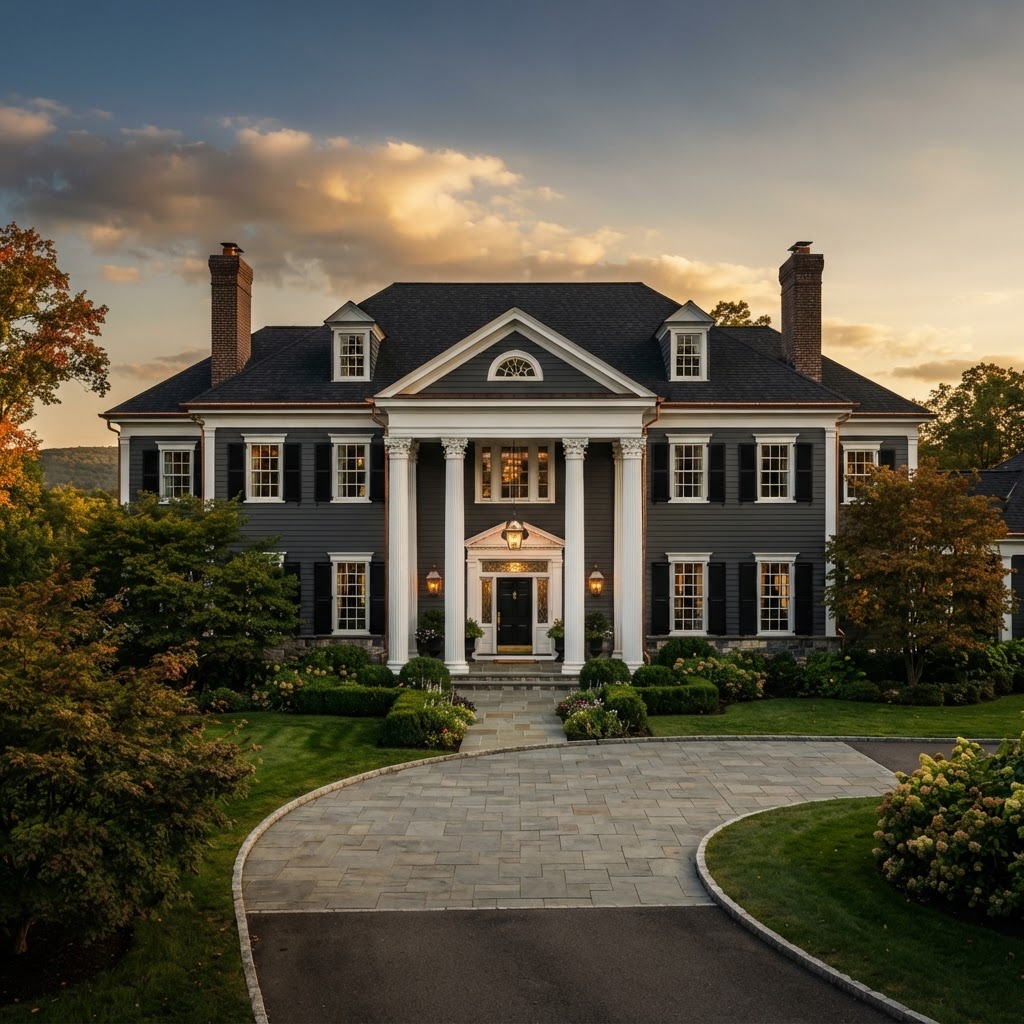 Exterior of a high-end luxury colonial revival estate with grand portico in the Hudson Valley