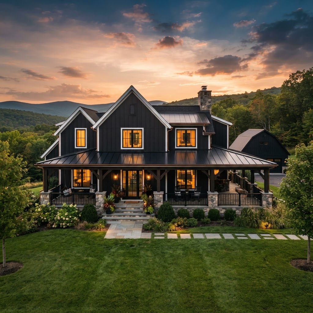 Exterior of a high-end luxury modern farmhouse with black board-and-batten siding in the Hudson Valley