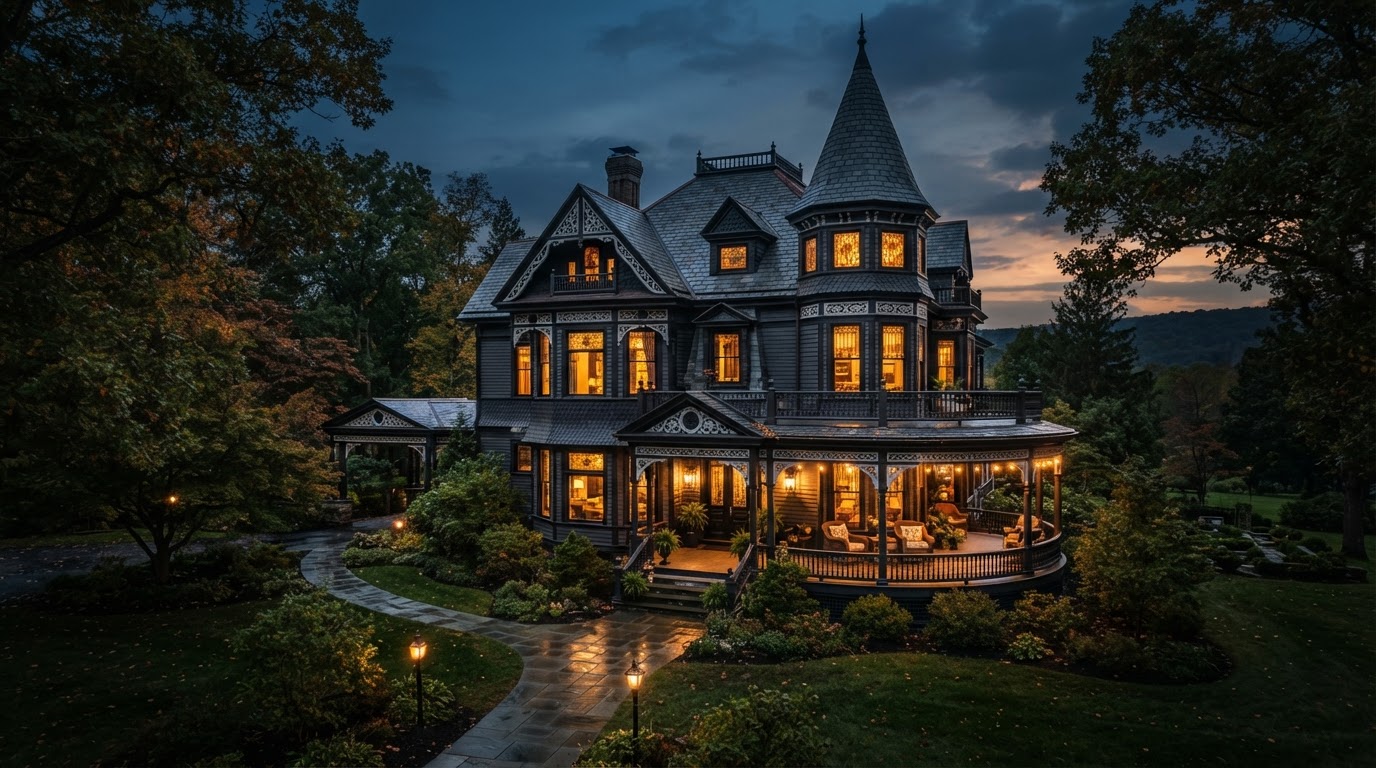 Representative high-end luxury Victorian estate in the Hudson Valley near Kingston at dusk