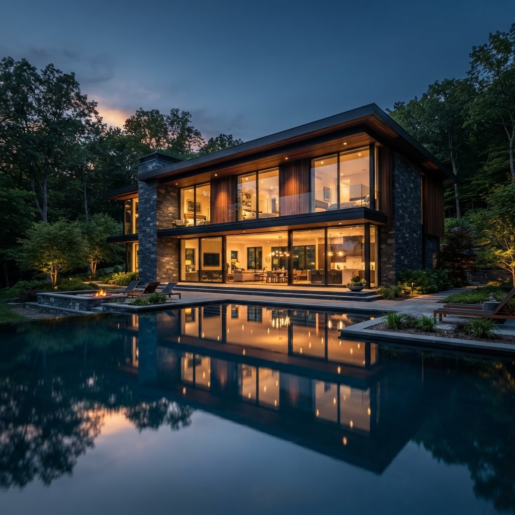 Exterior of a high-end contemporary luxury home with glass and stone facade in the Hudson Valley