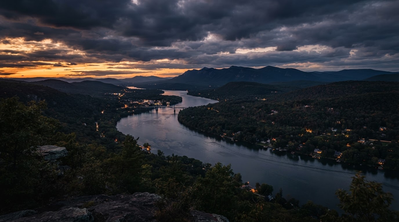 Representative sweeping view of the Hudson River Valley and ridges near New Paltz at dusk
