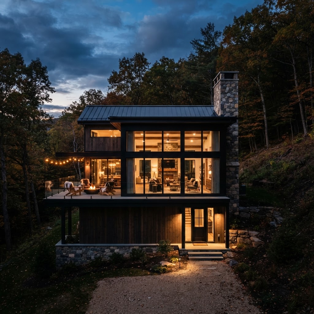 Exterior of a high-end luxury modern cabin retreat with dark wood and steel in the Hudson Valley