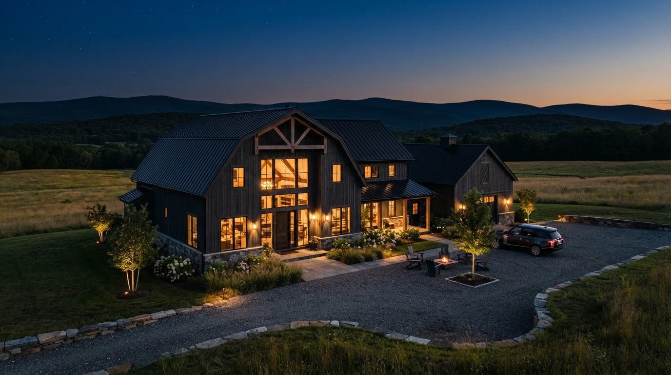 Representative high-end luxury barn-style modern home in the Hudson Valley near Carmel at dusk