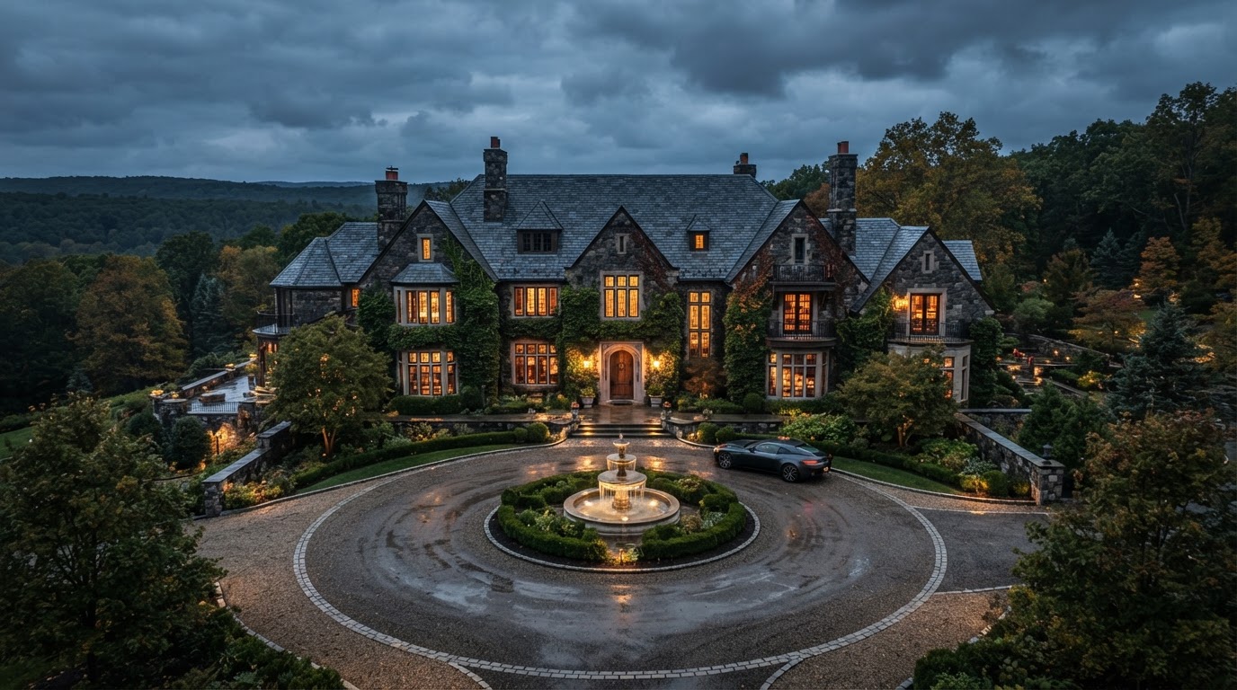Representative high-end luxury stone manor estate in the Hudson Valley near Hudson at dusk