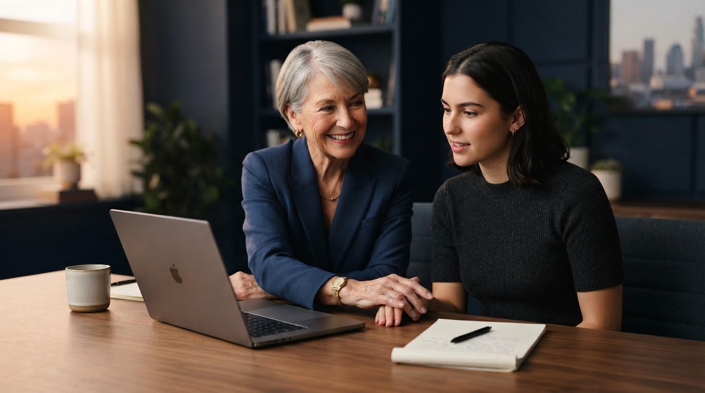 A mentor and a business owner sitting side by side at a desk, building a system together over a laptop.