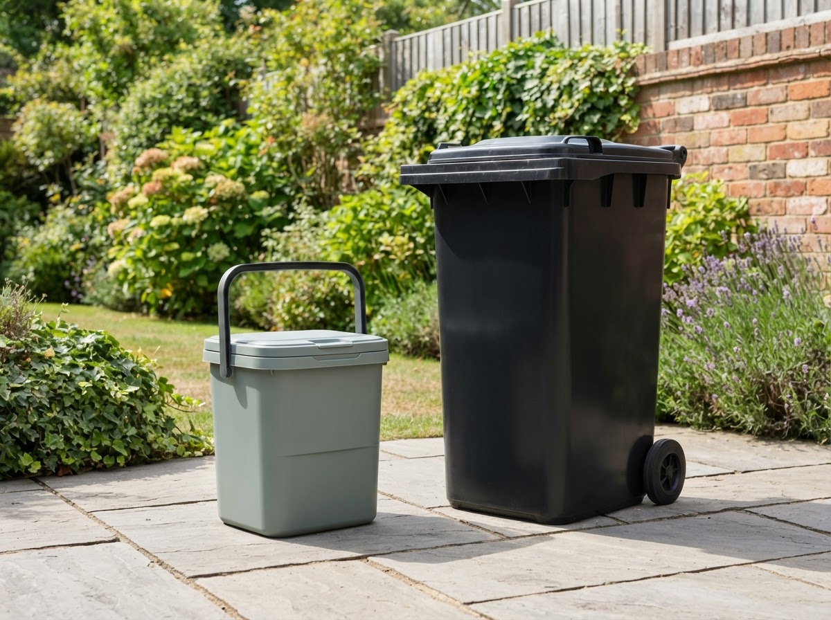 A clean UK food waste caddie next to a clean wheelie bin