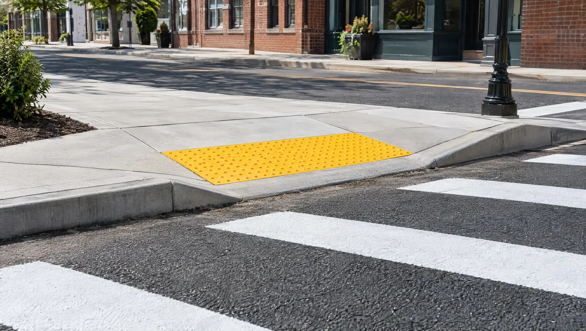 Concrete ADA curb ramp with yellow detectable warning surface at crosswalk
