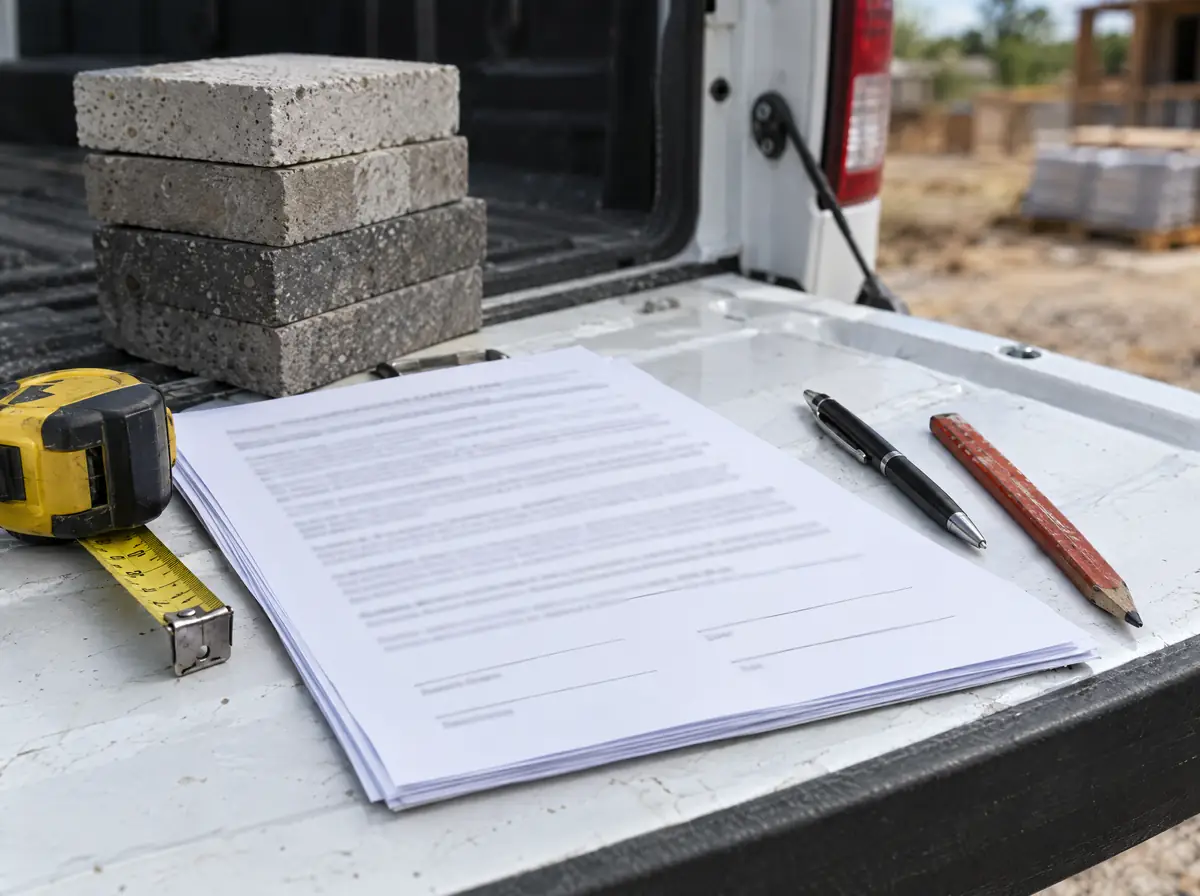 Printed contract, tape measure and concrete block samples on a work truck tailgate