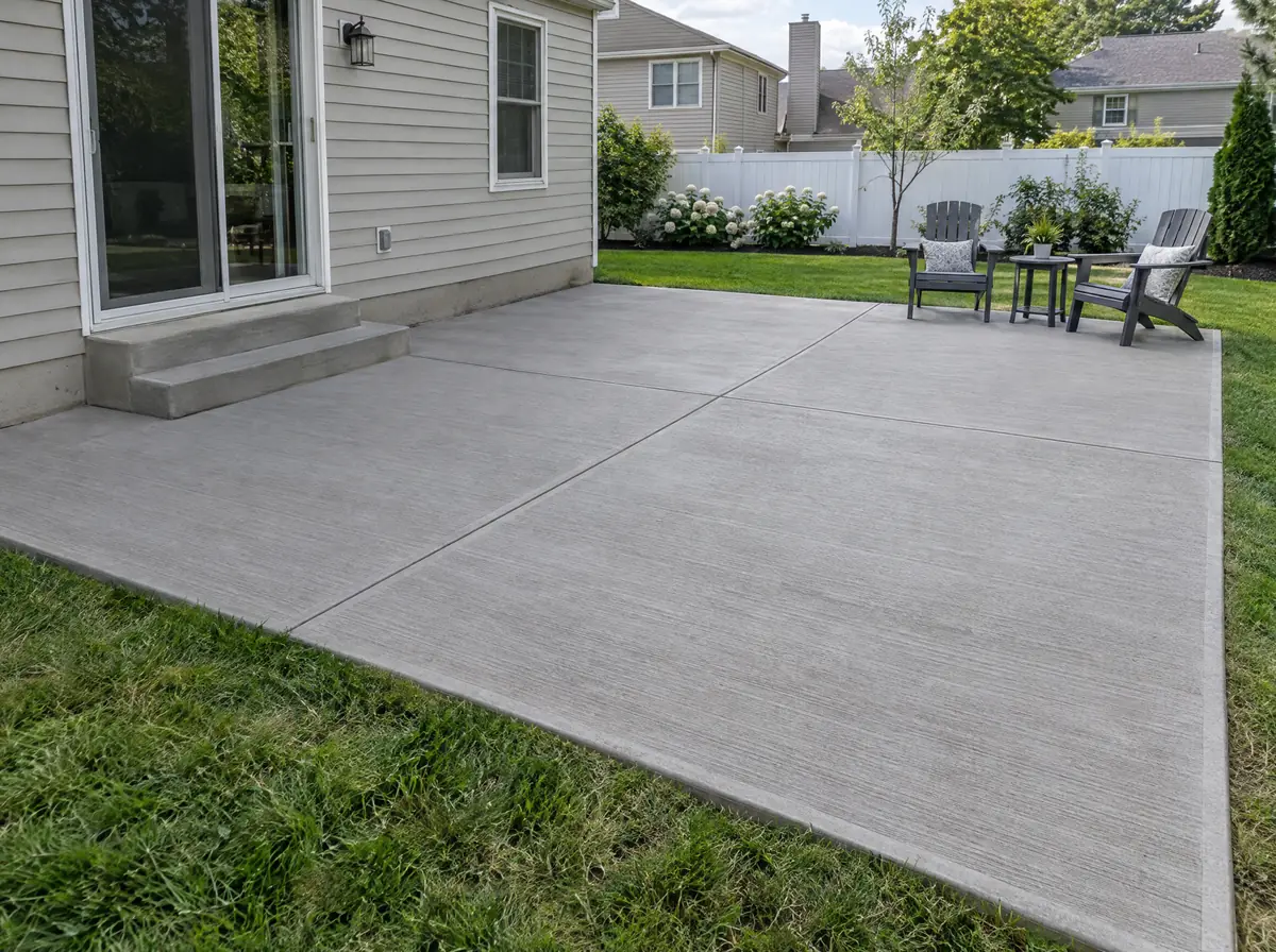 Finished broom finish concrete patio with control joints in residential yard