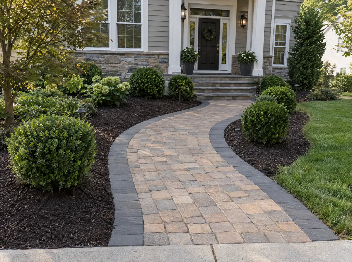 Curved paver walkway leading to front porch with dark soldier course border
