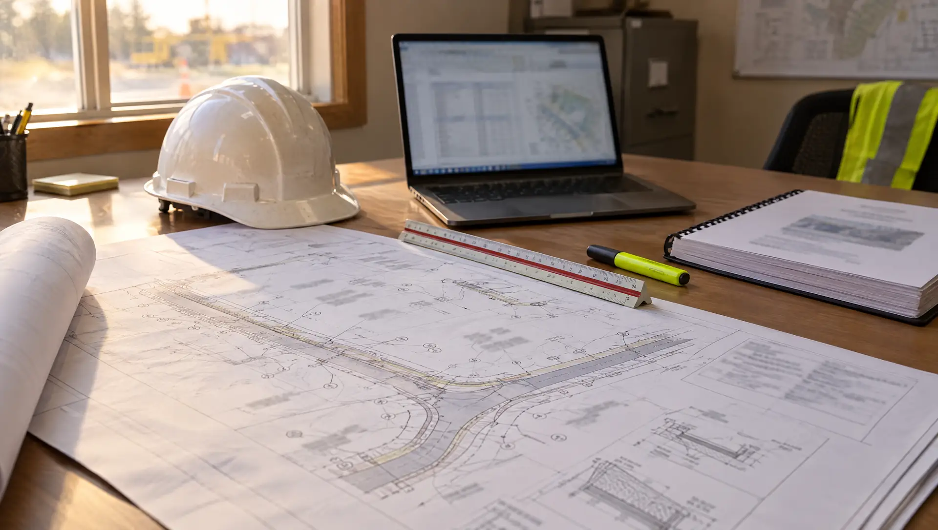 Civil plan sheets, a hard hat, a scale ruler and a bound bid document on a contractor's desk