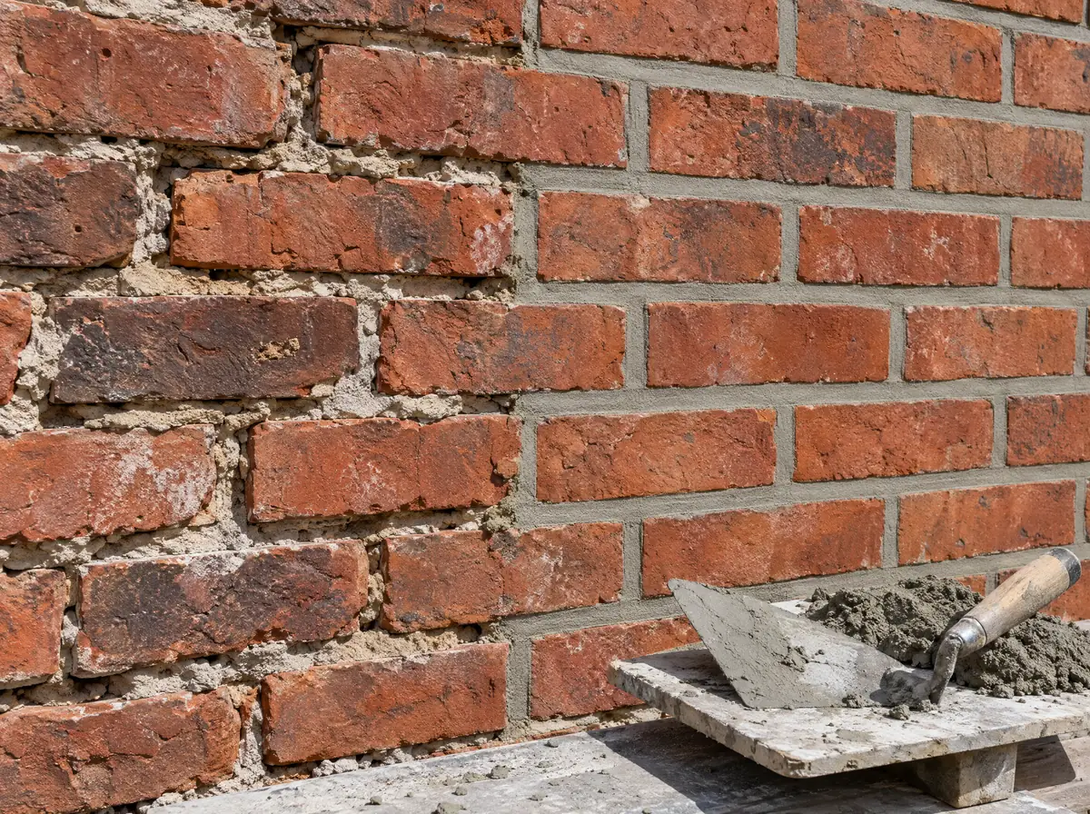 Brick wall mortar joint grinding and freshly repointed masonry