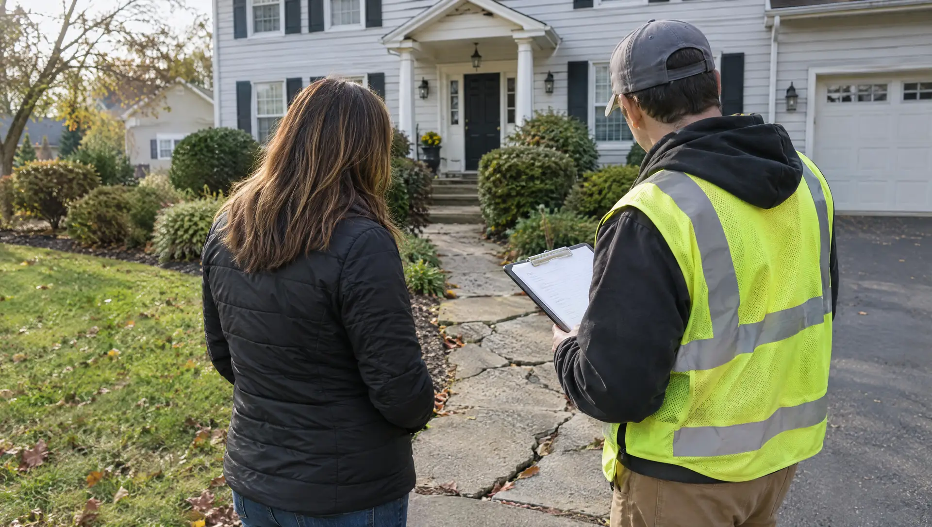 Homeowner and contractor reviewing a written estimate beside a cracked concrete walkway