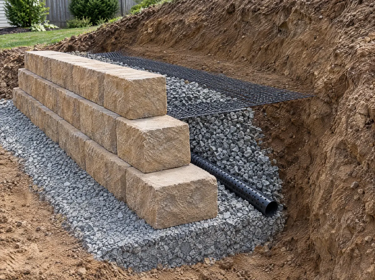 Cutaway of a retaining wall under construction showing the stone leveling pad, drainage stone, perforated drain pipe and geogrid