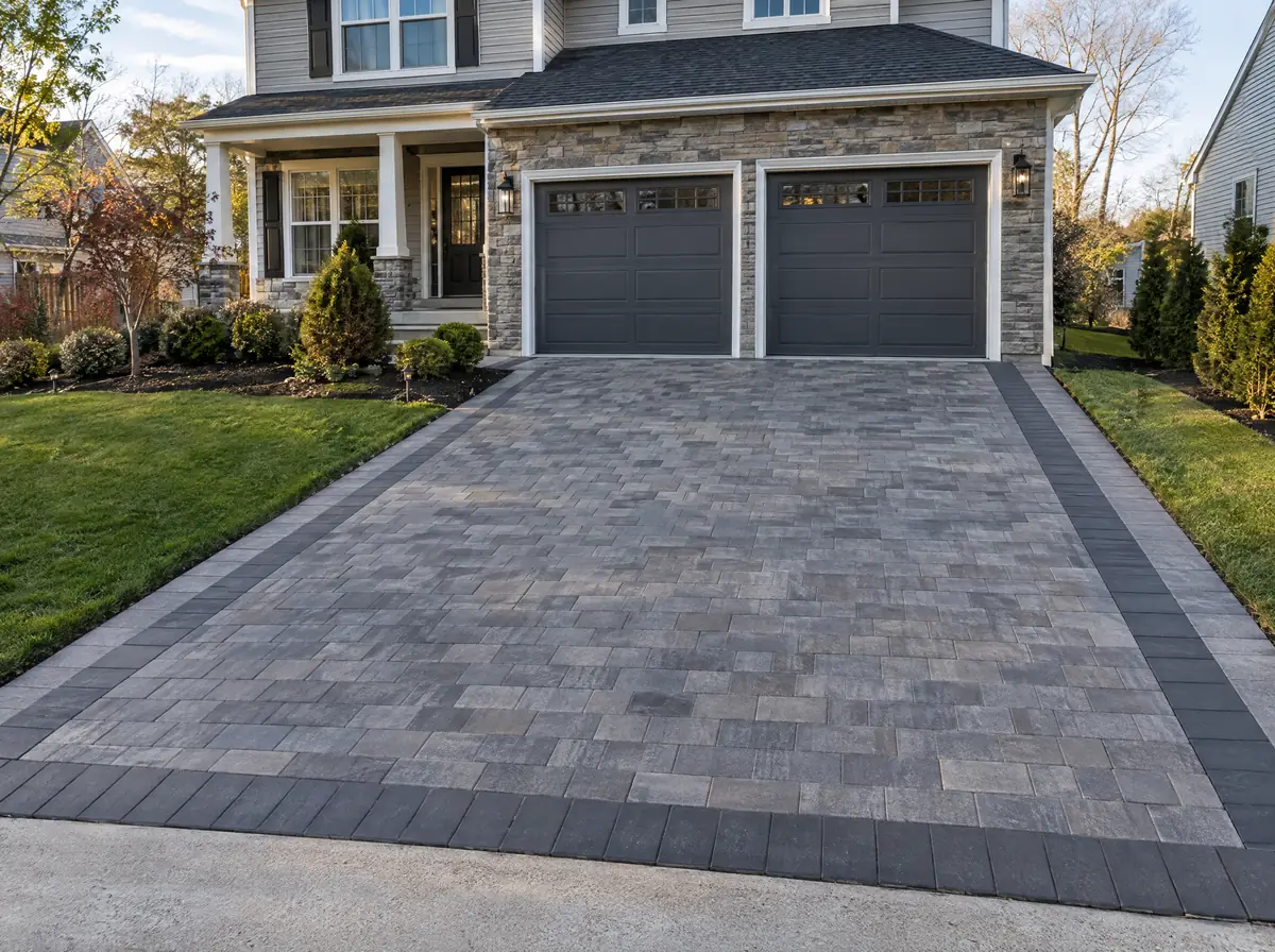 Interlocking paver driveway with dark soldier course border in front of two-car garage