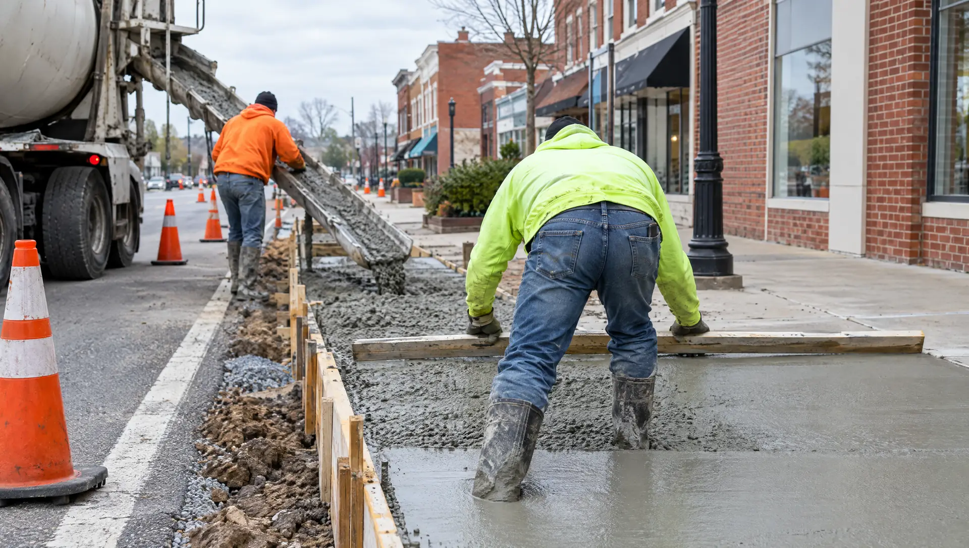Fresh concrete sidewalk pour with crew screeding and forming