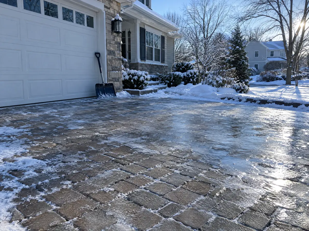 Interlocking paver driveway with a light layer of snow and melting ice