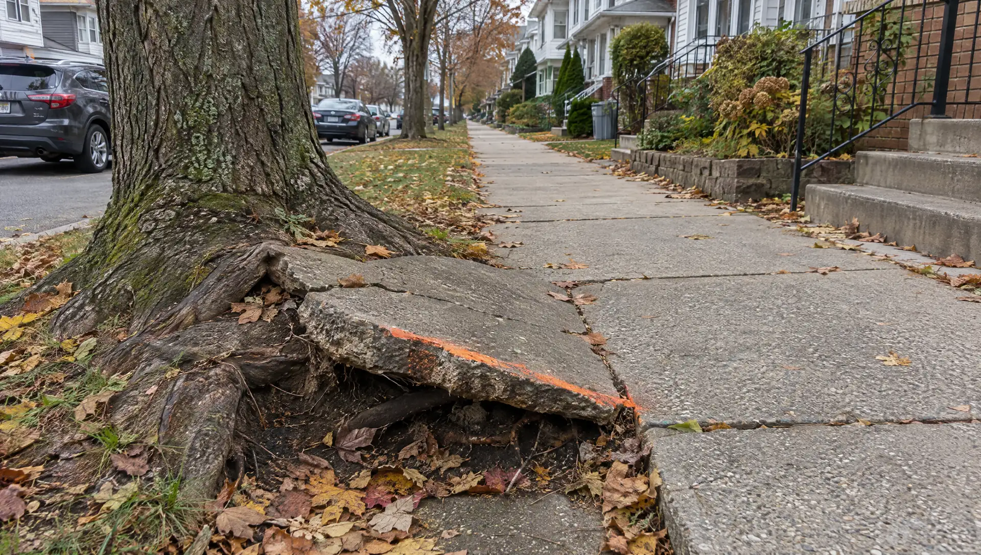 Public concrete sidewalk slab lifted and cracked by street tree roots, with the trip edge marked in orange