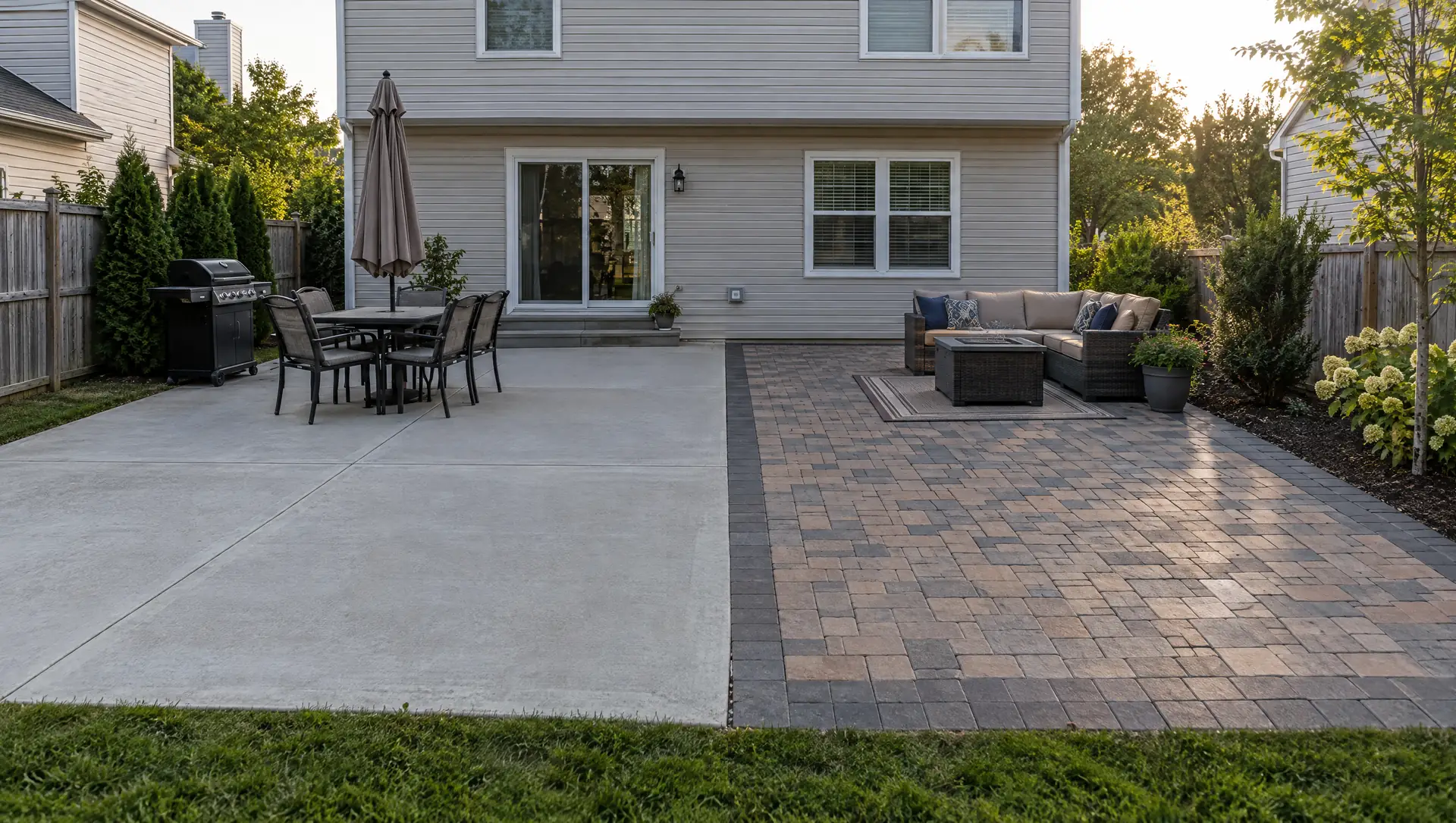 Broom-finished concrete patio next to an interlocking paver patio behind a suburban New Jersey home