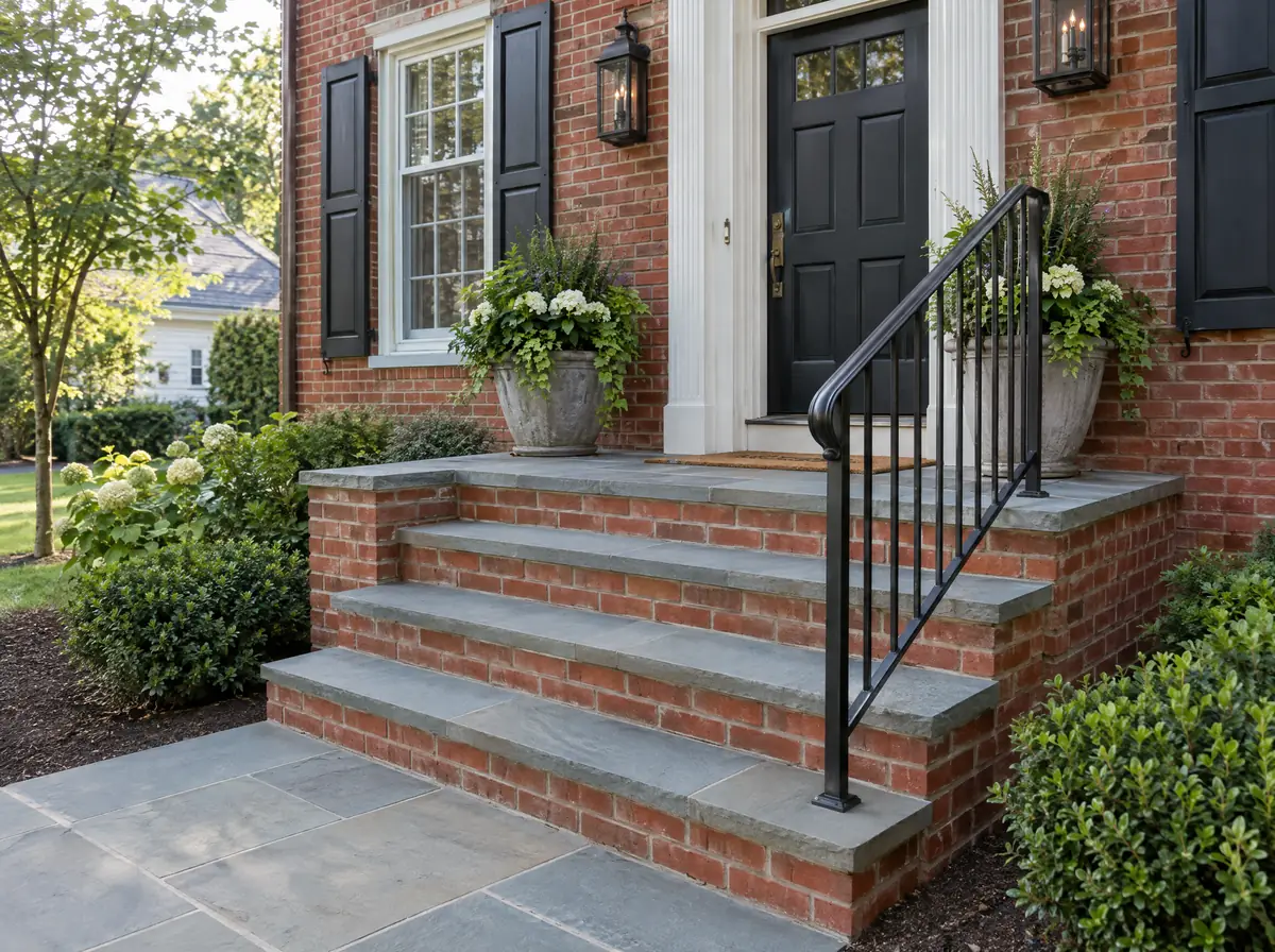 Front entry brick masonry steps and stoop with bluestone treads and railing