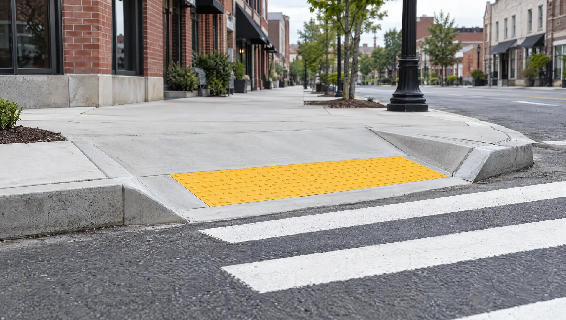 New concrete curb ramp with a yellow detectable warning surface at a downtown crosswalk