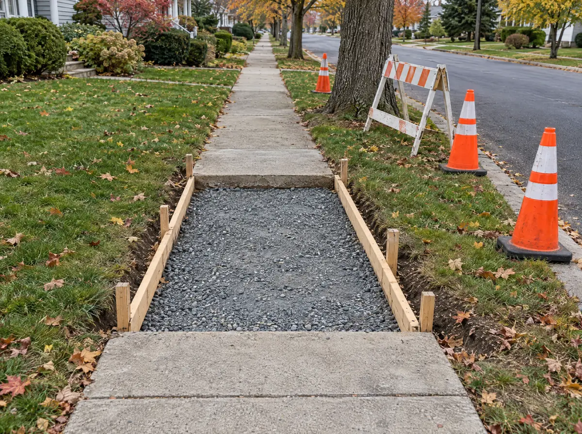 Sidewalk section removed and formed with a crushed-stone base, ready for new concrete