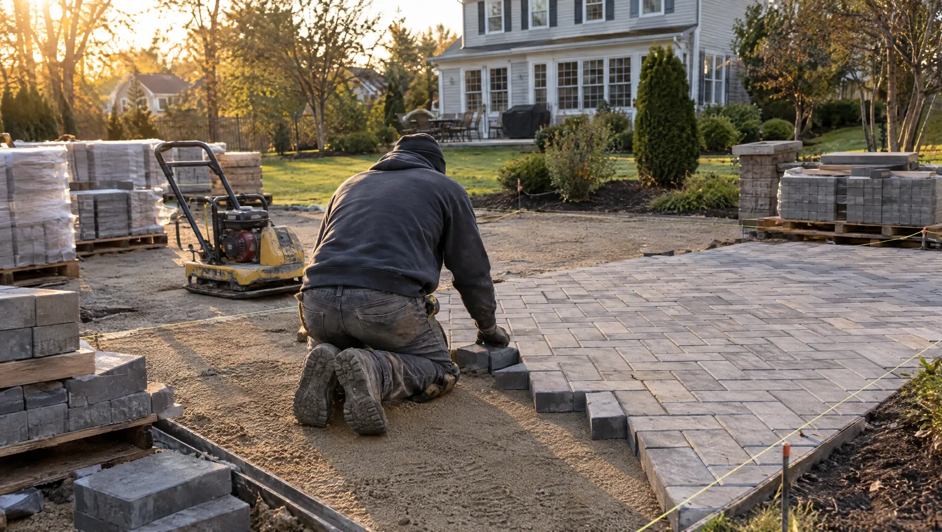 Contractor laying interlocking pavers on prepared sand bedding for a backyard patio