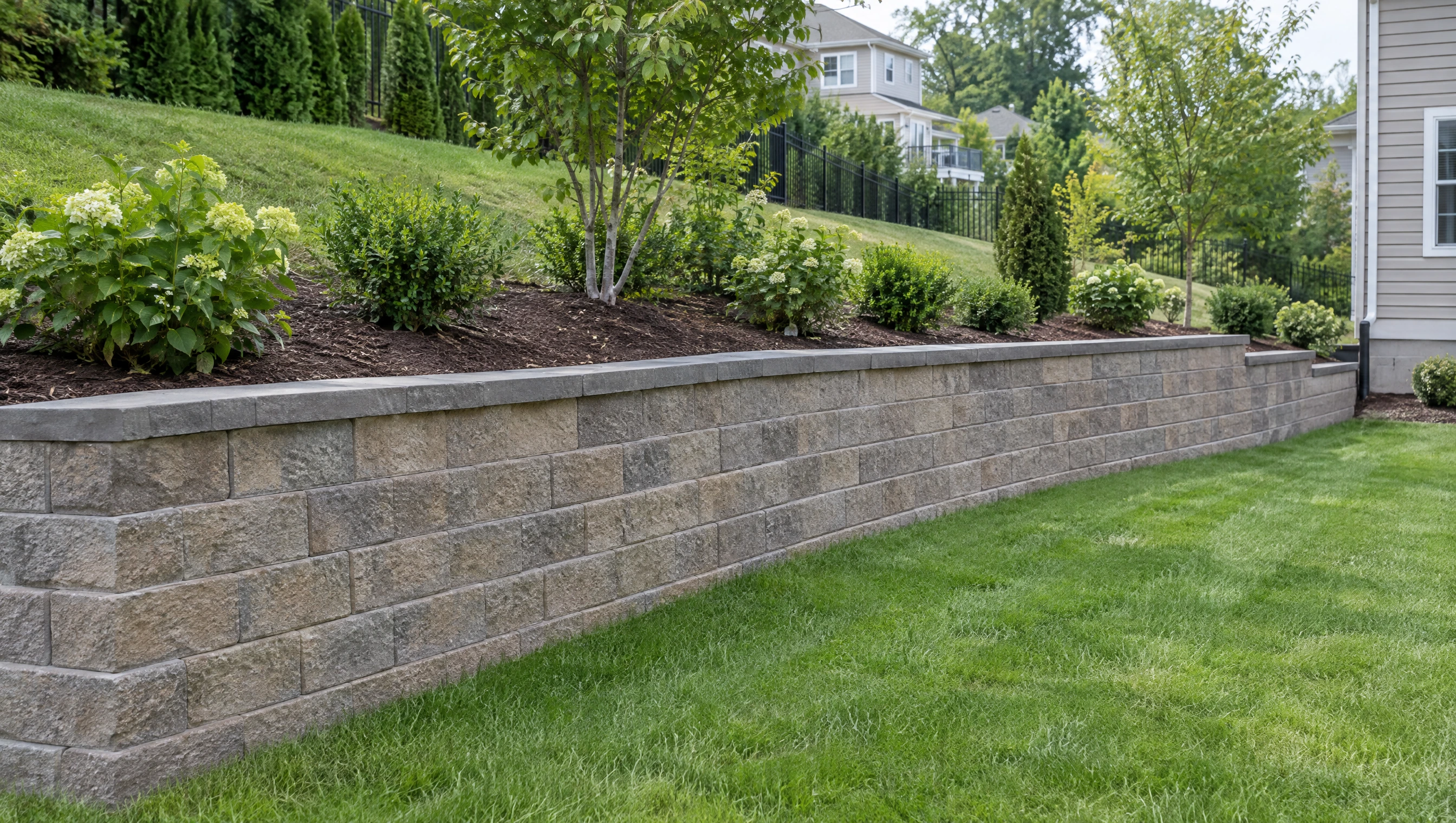 New segmental block retaining wall holding back a sloped backyard with shrubs planted above