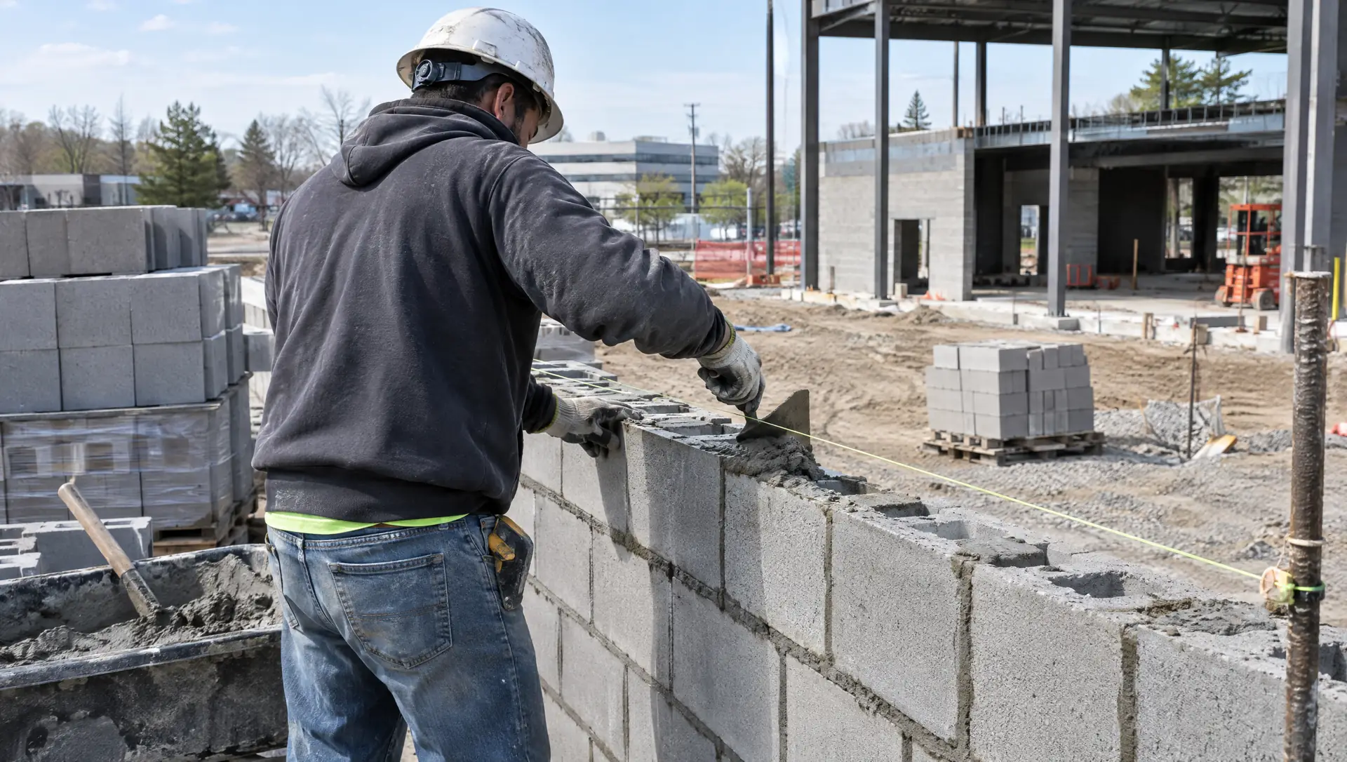 Mason laying concrete block wall with trowel along guide string line