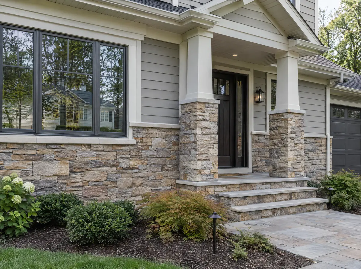 Natural and manufactured stone veneer on home exterior and columns
